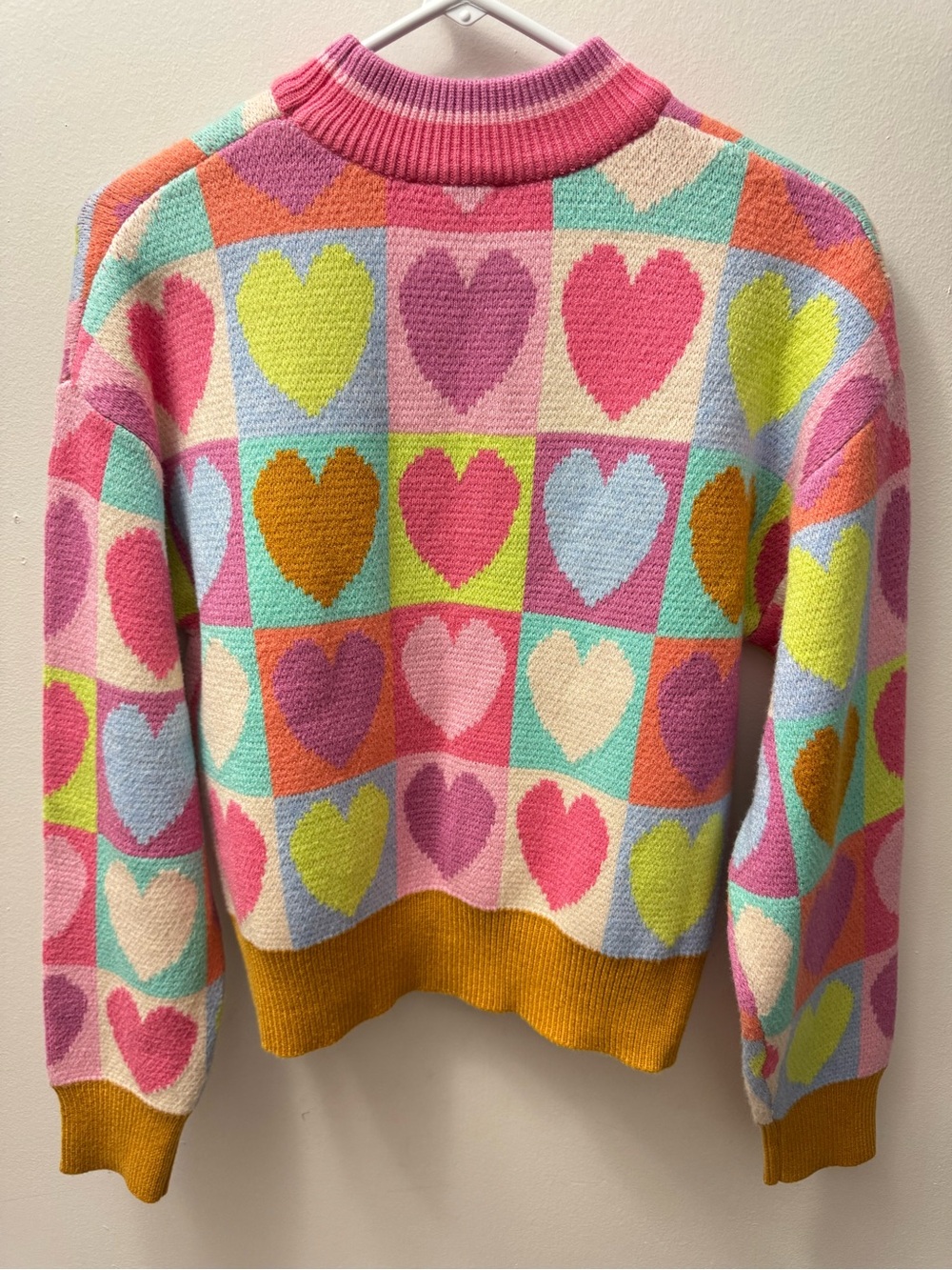 THML Multi-Color Heart Pattern Crewneck Sweater - Pink, Mustard & Mint - Picture 2 of 4